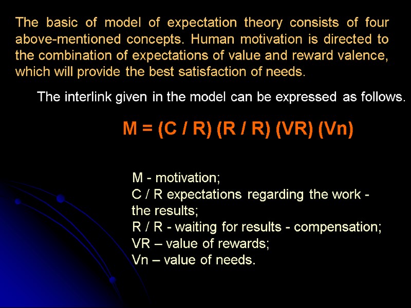 The basic of model of expectation theory consists of four above-mentioned concepts. Human motivation